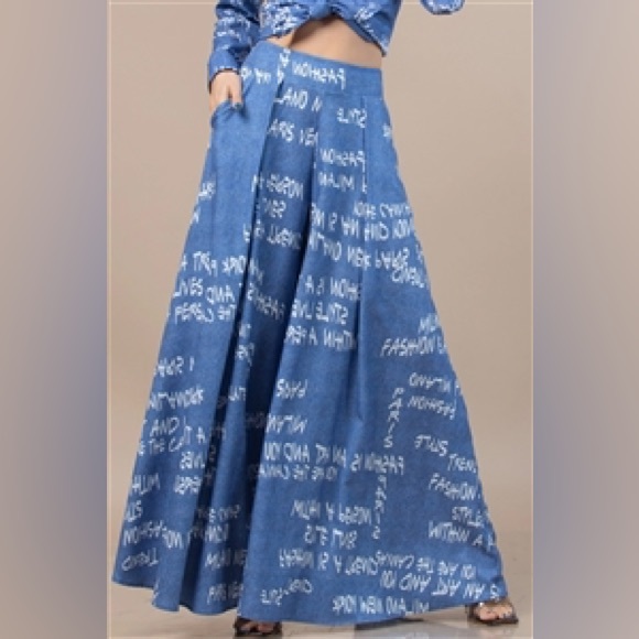 Denim Fashion Print Wide Leg Trousers - Picture 2 of 5